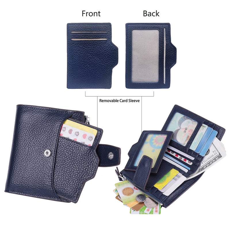 AINIMOER Women's RFID Blocking Leather Small Compact Bi-fold Zipper Pocket Wallet Card Case Purse with id Window (Lichee Navy Blue) - Image 3